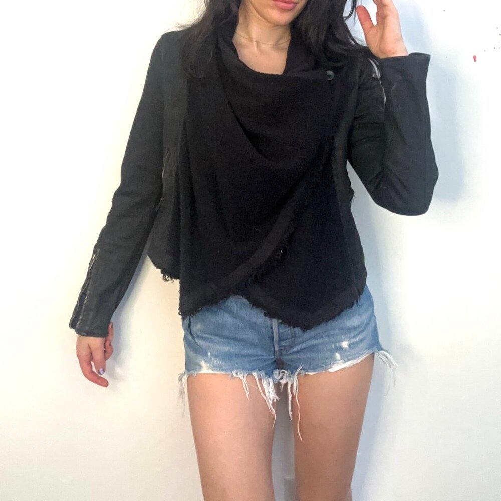 Rare Free People Black Denim Cowl Detail Jacket